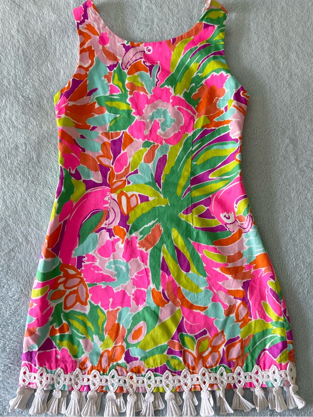 Lilly Pulitzer Shift Dress with Tassel Hem Flamingo Print size 7